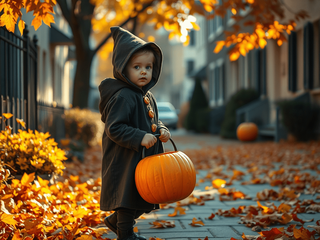 An AI-generated image of a child holding a pumpkin in an autumnal landscape