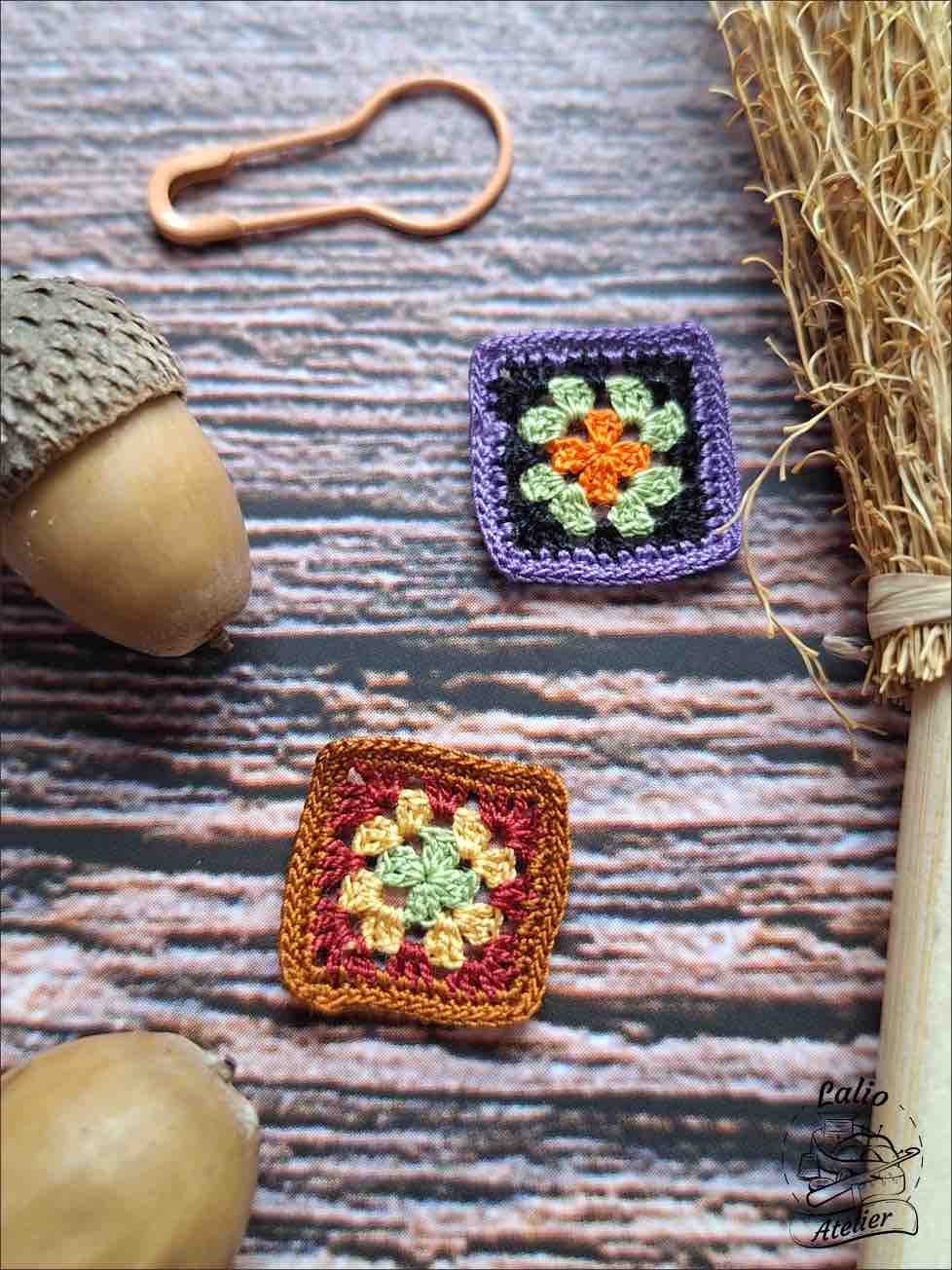 Mikrogehäkelte Granny-Square in Herbst-und Halloweenfarben