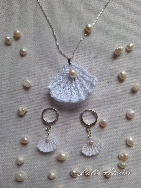 Mikrogehäkeltes Muschel-Schmuckset mit Silber