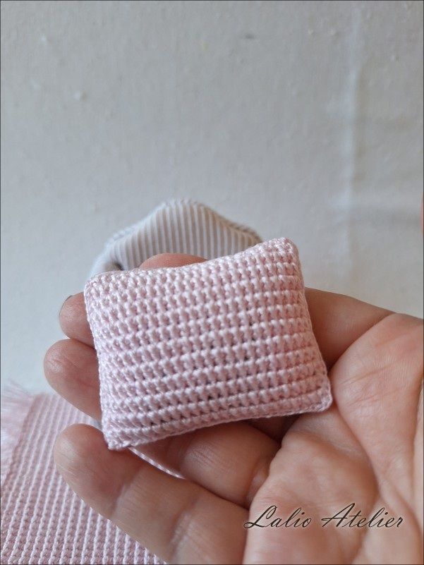 Handmade Pink Boho Miniature Cushion crocheted with fine cotton yarn