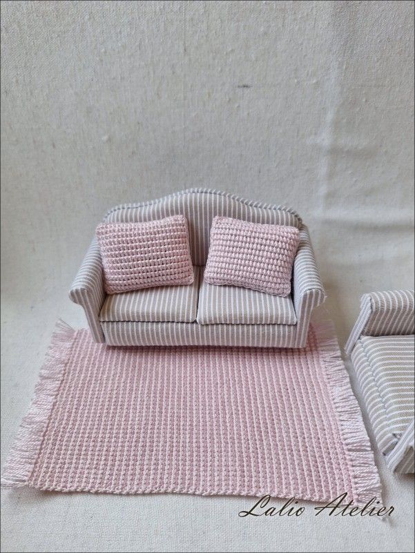 Pink Boho Miniature Cushion styled with matching miniature rug in a dollhouse living room